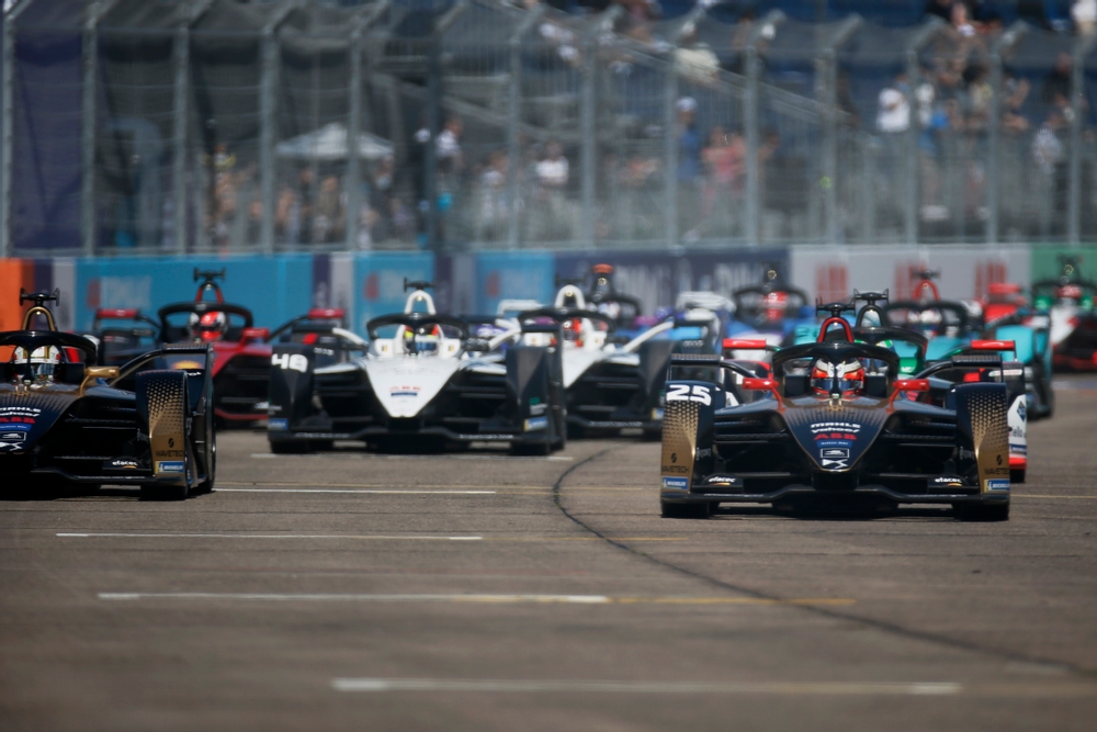 Formula E cars at the start of the 2021 race